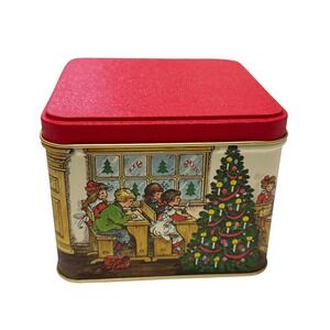 Vtg Potpourri Press Christmas Storage Tin Red Schoolhouse Tree Kids 3.5"